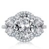 White Sapphire Halo Engagement Ring, Oval Three Stone Sterling Silver Ring