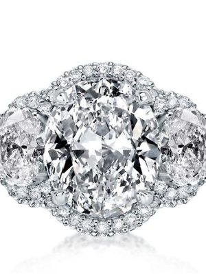 White Sapphire Halo Engagement Ring, Oval Three Stone Sterling Silver Ring