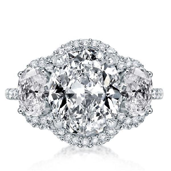 White Sapphire Halo Engagement Ring, Oval Three Stone Sterling Silver Ring