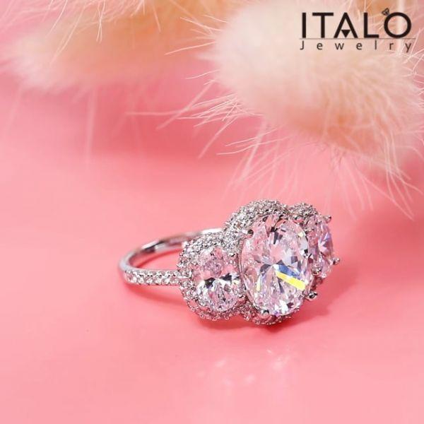 White Sapphire Halo Engagement Ring, Oval Three Stone Sterling Silver Ring