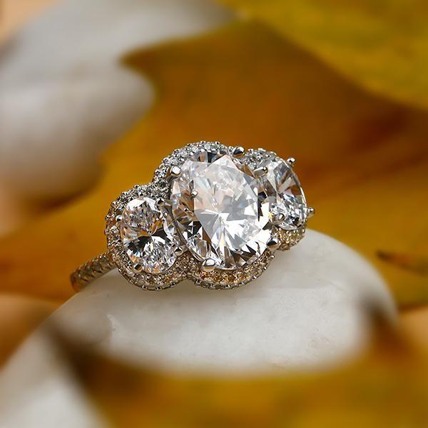 White Sapphire Halo Engagement Ring, Oval Three Stone Sterling Silver Ring
