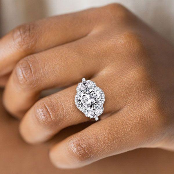 White Sapphire Halo Engagement Ring, Oval Three Stone Sterling Silver Ring