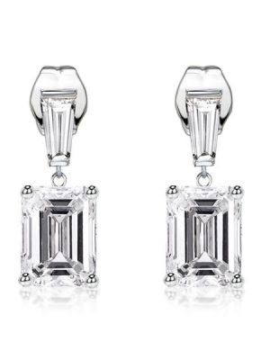 Emerald Cut White Sapphire Drop Earrings in Sterling Silver