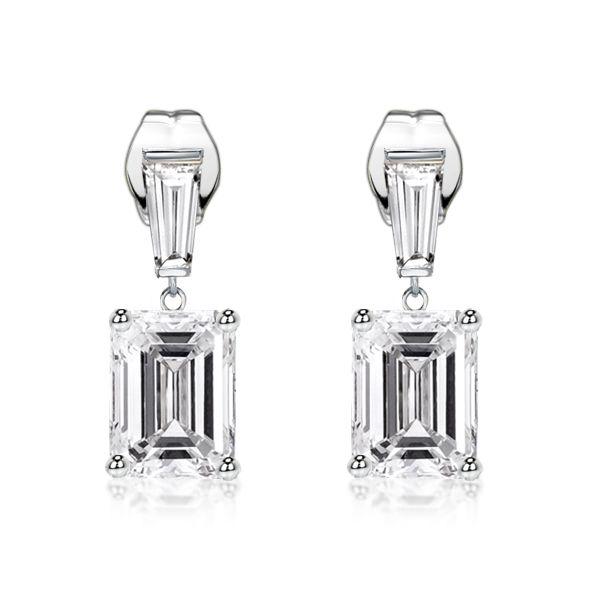 Emerald Cut White Sapphire Drop Earrings in Sterling Silver