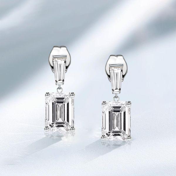 Emerald Cut White Sapphire Drop Earrings in Sterling Silver