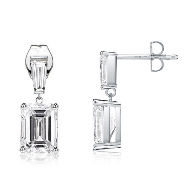 Emerald Cut White Sapphire Drop Earrings in Sterling Silver