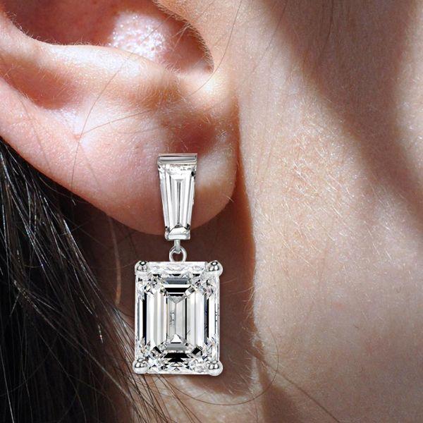 Emerald Cut White Sapphire Drop Earrings in Sterling Silver