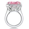 Emerald Cut Pink Sapphire Halo Engagement Ring in Rhodium Plated Sterling Silver