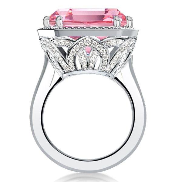 Emerald Cut Pink Sapphire Halo Engagement Ring in Rhodium Plated Sterling Silver