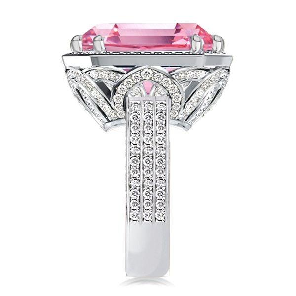 Emerald Cut Pink Sapphire Halo Engagement Ring in Rhodium Plated Sterling Silver