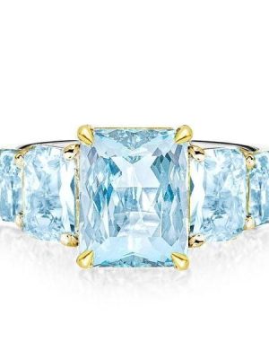 Five Stone Radiant Cut Aquamarine Engagement Ring in Sterling Silver with Gold Plating