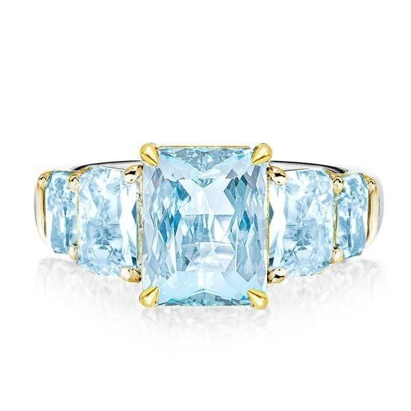 Five Stone Radiant Cut Aquamarine Engagement Ring in Sterling Silver with Gold Plating