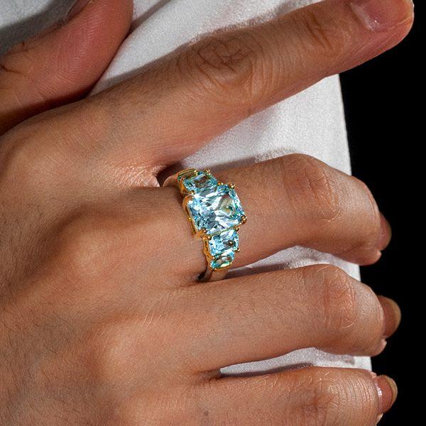 Five Stone Radiant Cut Aquamarine Engagement Ring in Sterling Silver with Gold Plating