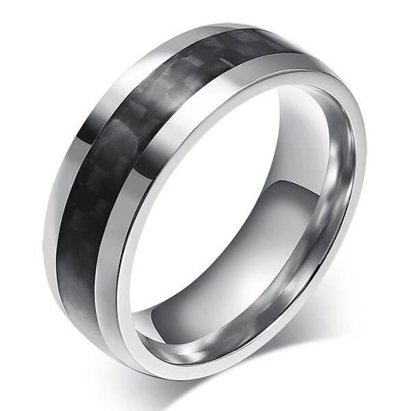 Carbon Fiber Titanium Wedding Band for Men - Black & Silver 8mm Ring