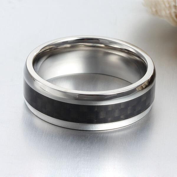 Carbon Fiber Titanium Wedding Band for Men - Black & Silver 8mm Ring