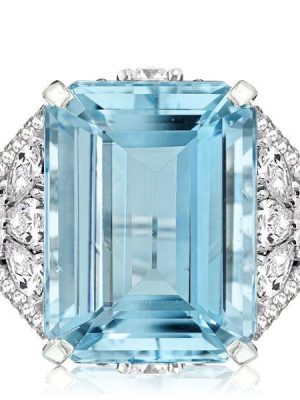 Emerald Cut Aquamarine Engagement Ring - Split Shank Sterling Silver