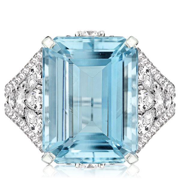 Emerald Cut Aquamarine Engagement Ring - Split Shank Sterling Silver