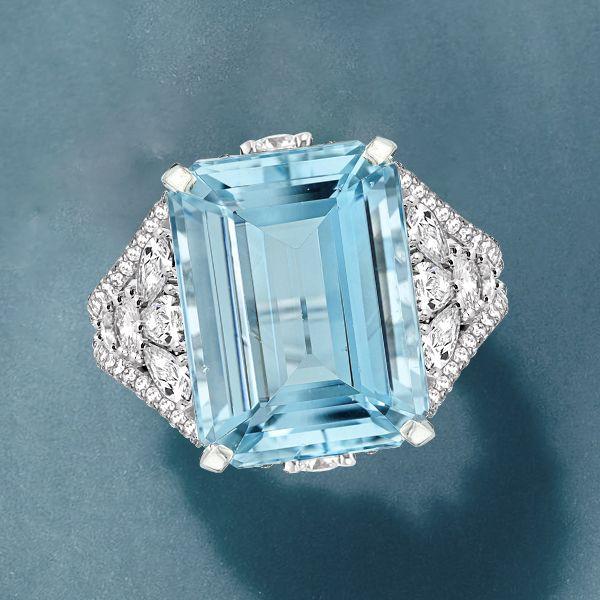 Emerald Cut Aquamarine Engagement Ring - Split Shank Sterling Silver