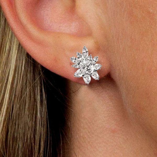 White Sapphire Stud Earrings - Round & Marquise Cut - Sterling Silver