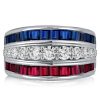 Blue Sapphire and Ruby Triple Row Wedding Band in Sterling Silver