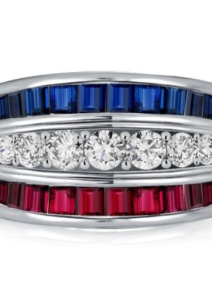 Blue Sapphire and Ruby Triple Row Wedding Band in Sterling Silver