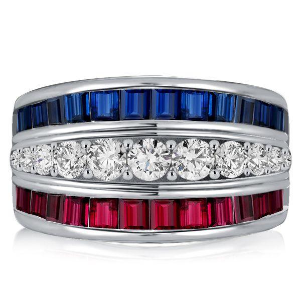 Blue Sapphire and Ruby Triple Row Wedding Band in Sterling Silver