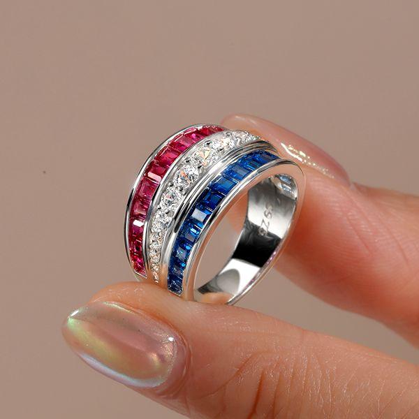 Blue Sapphire and Ruby Triple Row Wedding Band in Sterling Silver