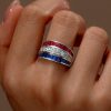 Blue Sapphire and Ruby Triple Row Wedding Band in Sterling Silver
