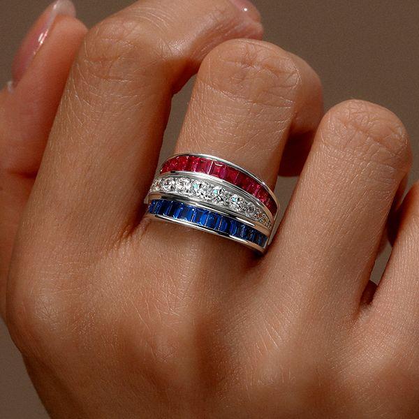 Blue Sapphire and Ruby Triple Row Wedding Band in Sterling Silver