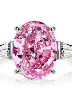 Oval Cut Pink Stone 3 Stone Engagement Ring in Rhodium Plated Sterling Silver