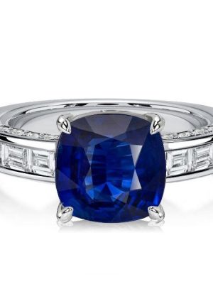 Cushion Cut Blue Sapphire Engagement Ring - 925 Sterling Silver Channel Set
