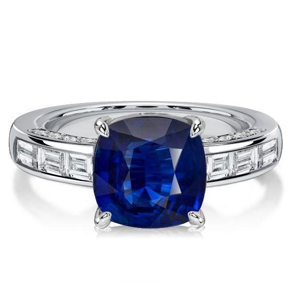 Cushion Cut Blue Sapphire Engagement Ring - 925 Sterling Silver Channel Set