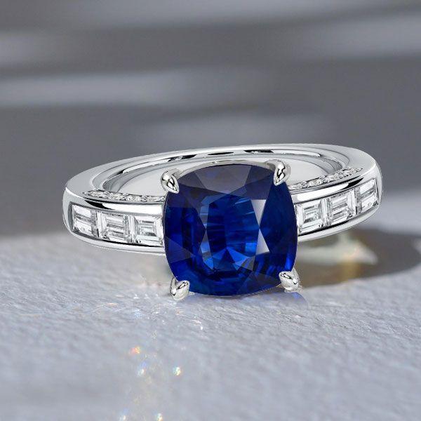 Cushion Cut Blue Sapphire Engagement Ring - 925 Sterling Silver Channel Set