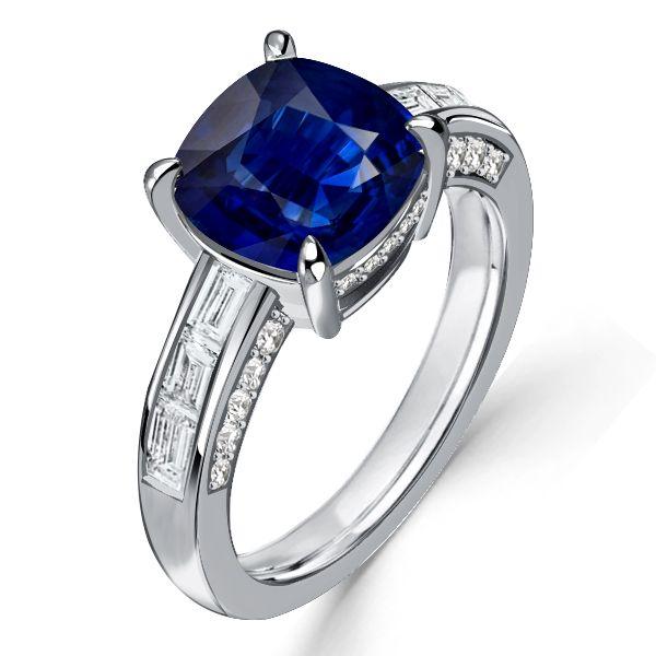 Cushion Cut Blue Sapphire Engagement Ring - 925 Sterling Silver Channel Set