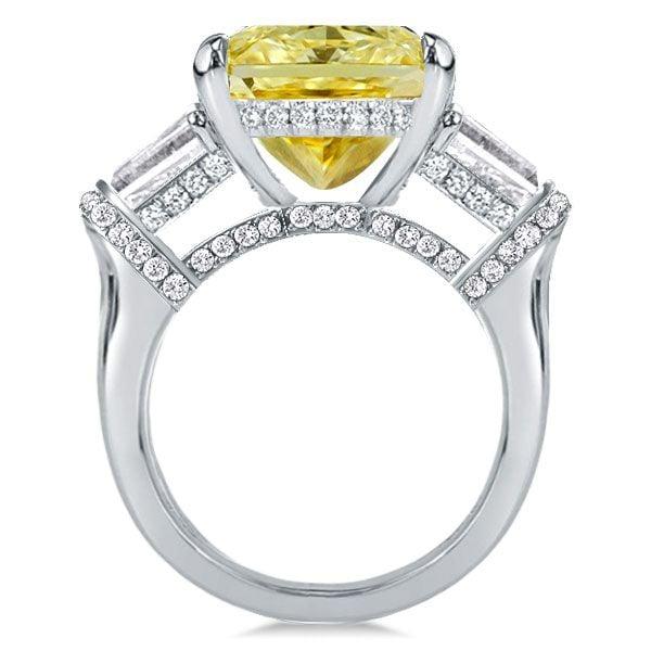 Three Stone Emerald Cut Yellow Sapphire Engagement Ring in Rhodium Plated Sterling Silver