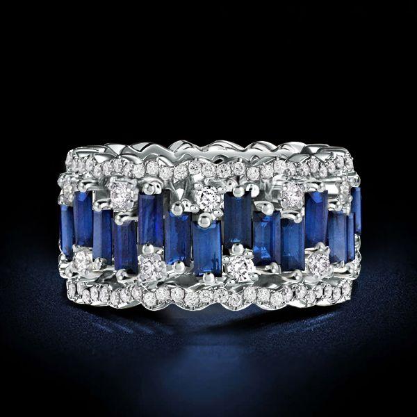 Baguette Cut White & Blue Sapphire Wedding Band in Sterling Silver (12.50 CT. TW.)