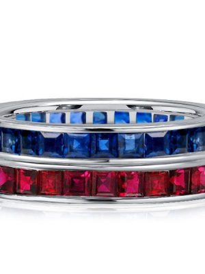 Asscher Cut Sapphire & Ruby Eternity Band in Sterling Silver - Vintage Style