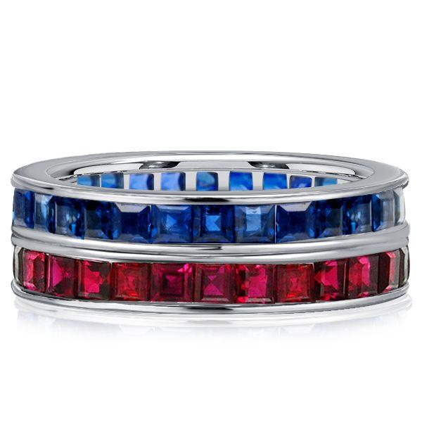 Asscher Cut Sapphire & Ruby Eternity Band in Sterling Silver - Vintage Style
