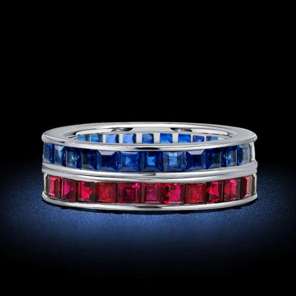 Asscher Cut Sapphire & Ruby Eternity Band in Sterling Silver - Vintage Style