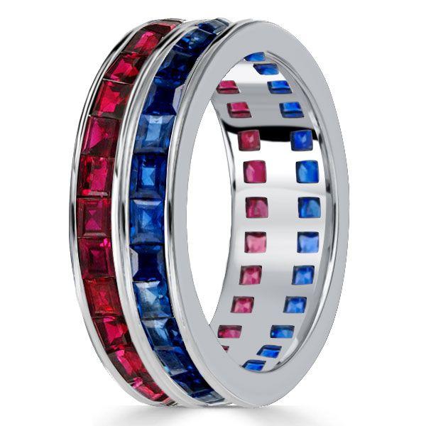 Asscher Cut Sapphire & Ruby Eternity Band in Sterling Silver - Vintage Style