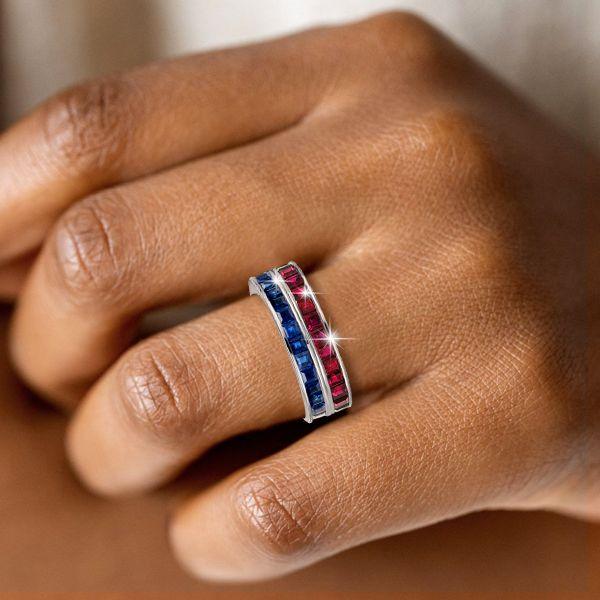 Asscher Cut Sapphire & Ruby Eternity Band in Sterling Silver - Vintage Style