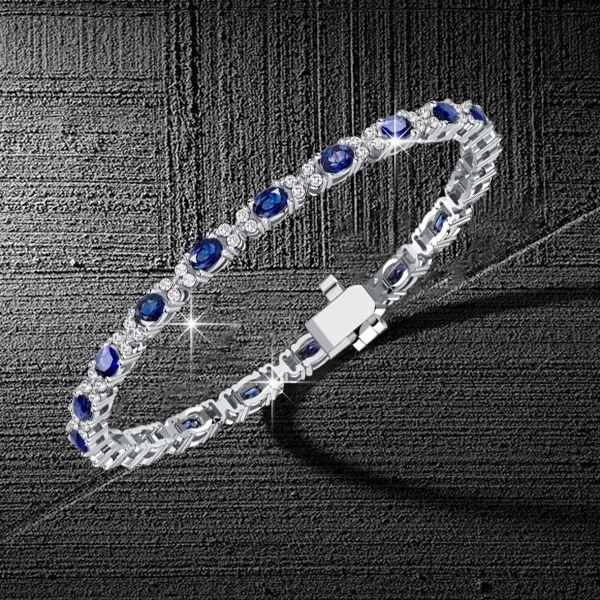Cluster Oval Blue Sapphire Bracelet in Sterling Silver - 6, 7, 8, 9 Inch