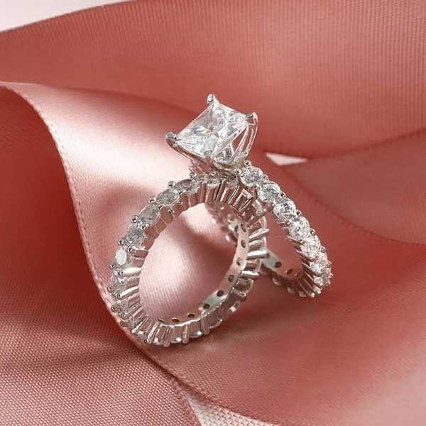 Sterling Silver Princess Cut Wedding Band Set with 3.00 CT. TW. Center Stone