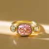 Pink Cushion Cut 3 Stone Engagement Ring in 18K Gold Plated Sterling Silver