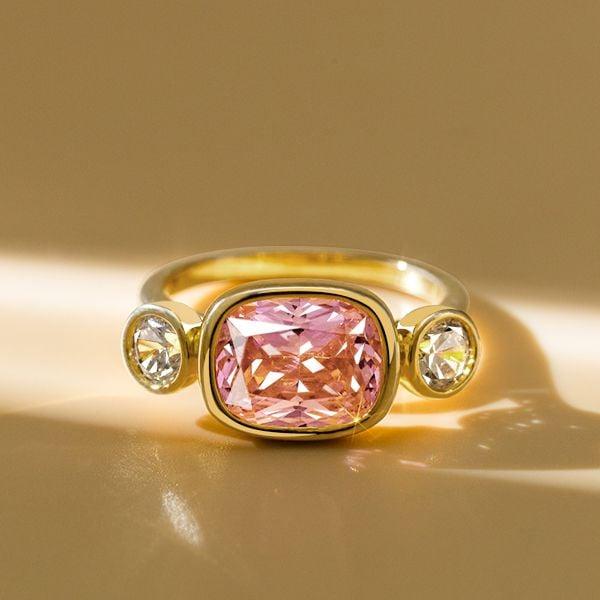 Pink Cushion Cut 3 Stone Engagement Ring in 18K Gold Plated Sterling Silver