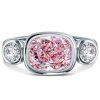Pink Cushion Cut 3 Stone Engagement Ring in 18K Gold Plated Sterling Silver