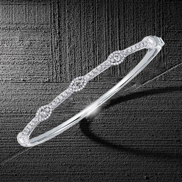 Halo Round Cut White Sapphire Bangle Bracelet in Sterling Silver