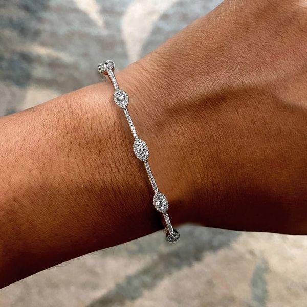 Halo Round Cut White Sapphire Bangle Bracelet in Sterling Silver