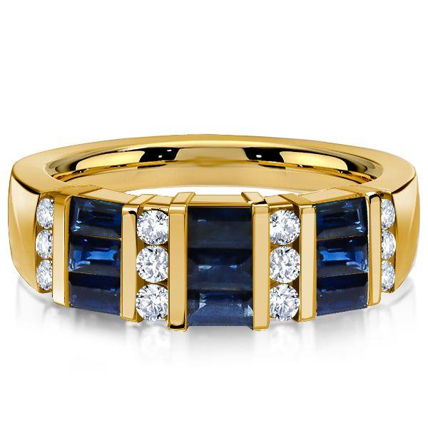 Emerald Cut Blue Sapphire Wedding Band - 18K Gold Plated Sterling Silver