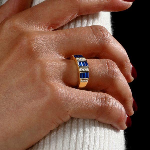 Emerald Cut Blue Sapphire Wedding Band - 18K Gold Plated Sterling Silver